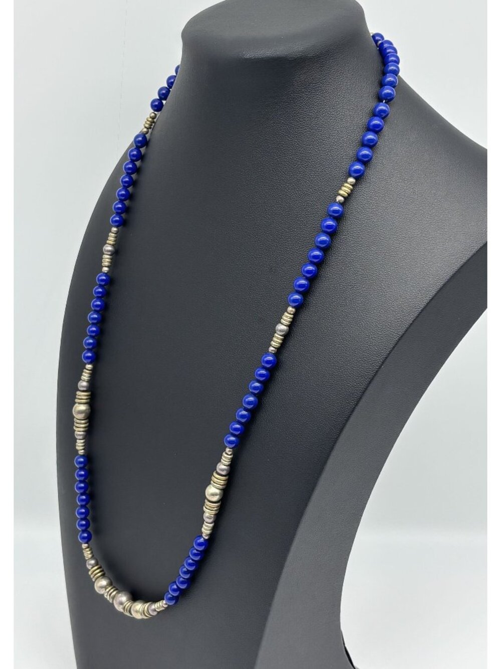 Artisan Made Native American Style Necklace Cobalt Blue and Silver Bead Unsigned